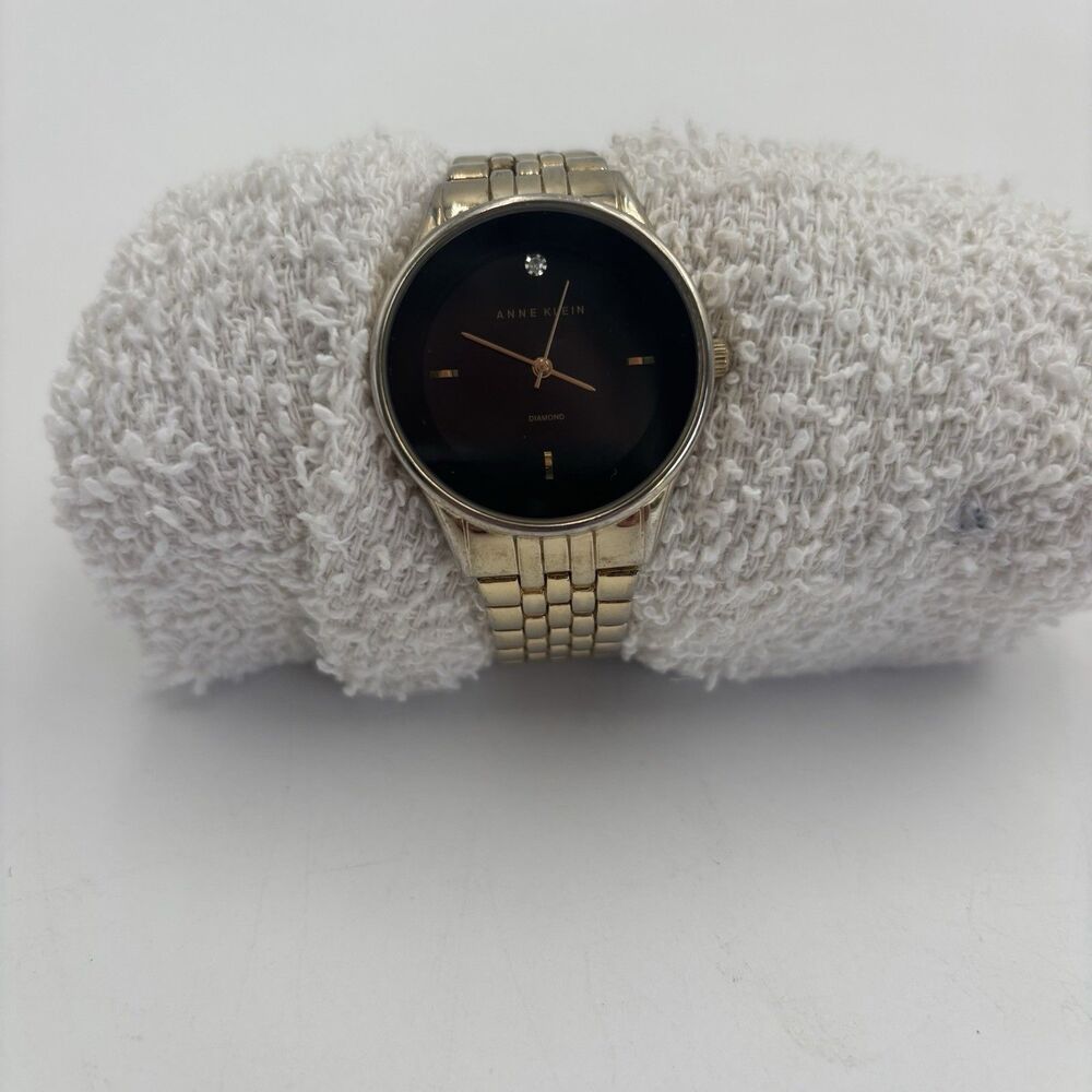Anne Klein AK/1732 Women's Diamond Watch Gold Tone Black Dial New Battery